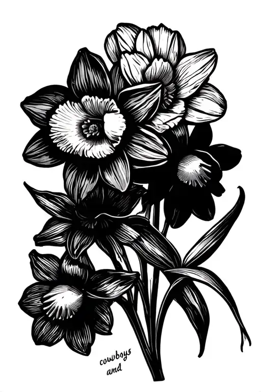 two daffodils one dead and one alive, have the stems be made out of the words "cowboys and angels" written in cursive tattoo design idea
