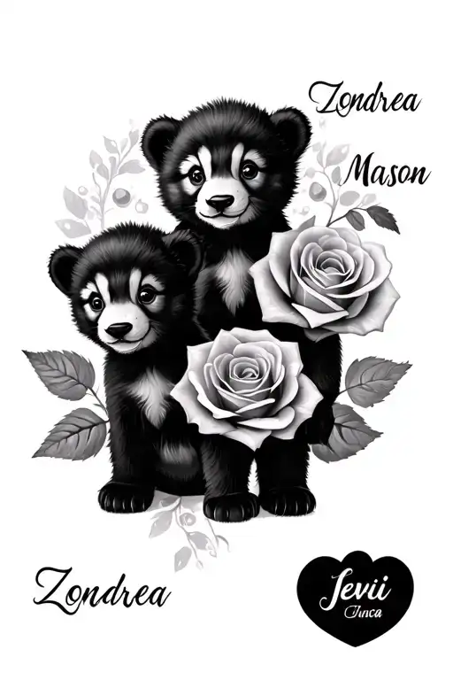 Baby cubs and roses with the names Zondrea, Mason, Levi and Jenica tattoo design idea