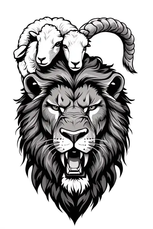 angry lion head with lamb head on top neo traditional tattoo design idea