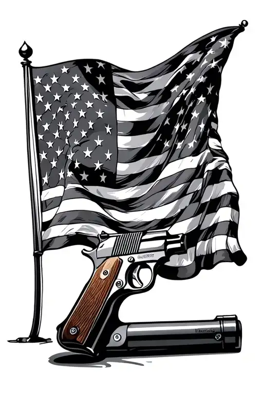 1911 pistol and american flag waving tattoo design idea
