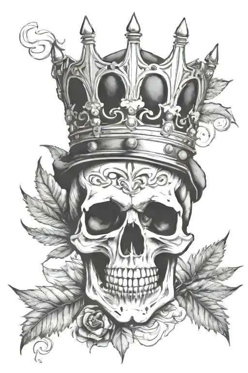 skull with crown smoking a weed leaf cigar tattoo design idea