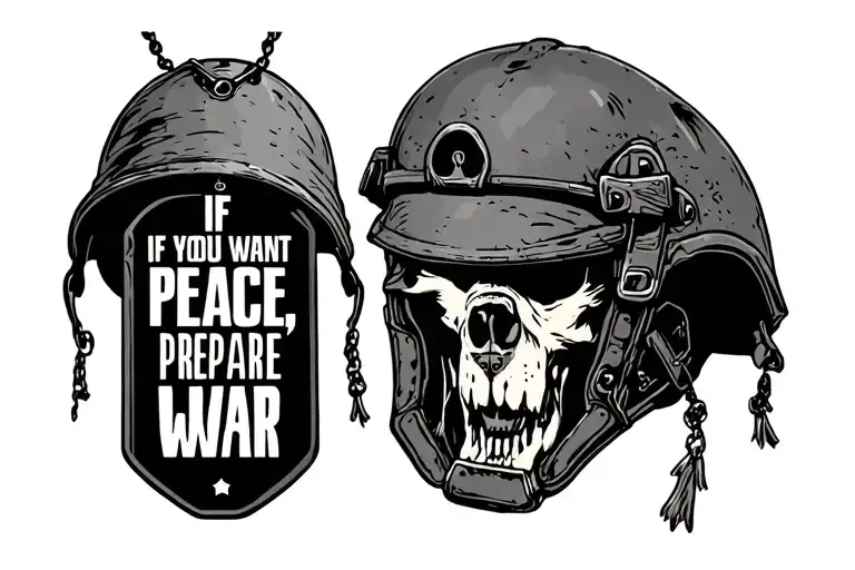 "If you want peace, prepare for war" dog tags helmet tattoo design idea