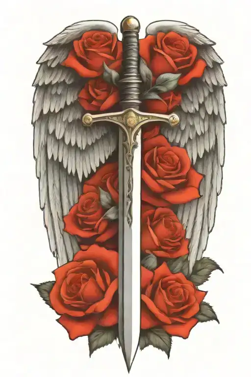 angel wings behind sword, roses tattoo design idea
