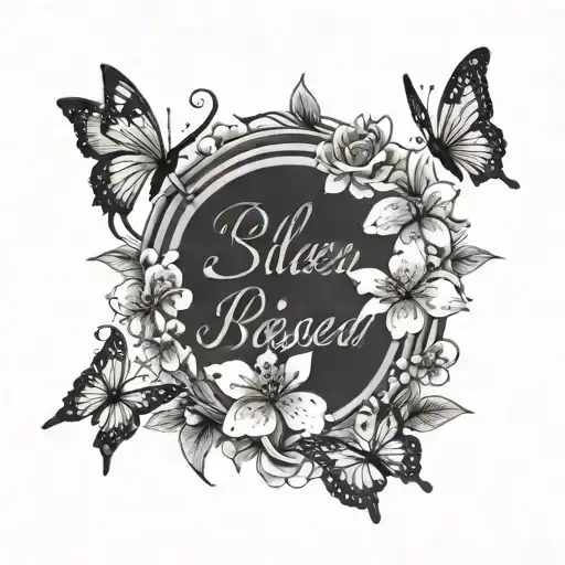 the word blessed going down my forarm half sleeve vertically with butterflies and a cherry blossom tree starting at hand tattoo design idea