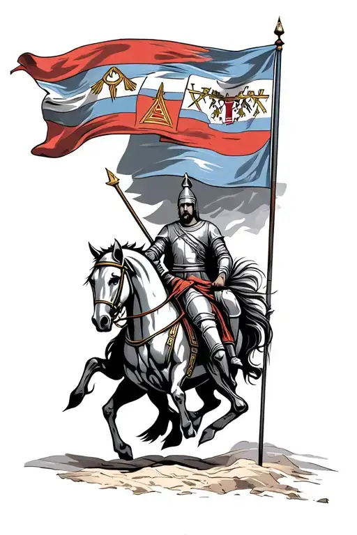assyrian flag with empire and knight riding tattoo design idea