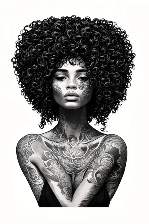 faceless afro woman with thoughts in hair tangled together conjoined tattoo design idea