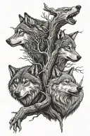 tree wolves faces howling angry  tattoo design idea