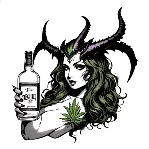 sexy girl demon holding weed and a bottle of tequila  tattoo design idea