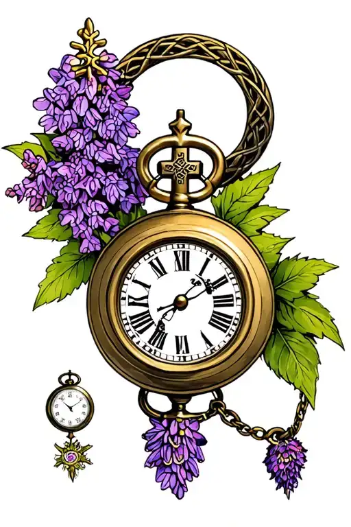 Celtic cross on top, purple lilacs in bottom, 2 pocket watches, Cheshire Cat tattoo design idea