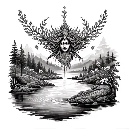 Give an idea of a Tatto Ayahusca with a Maloca and a river with Chiribiquete painting and an image of the holly spirit i tattoo design idea