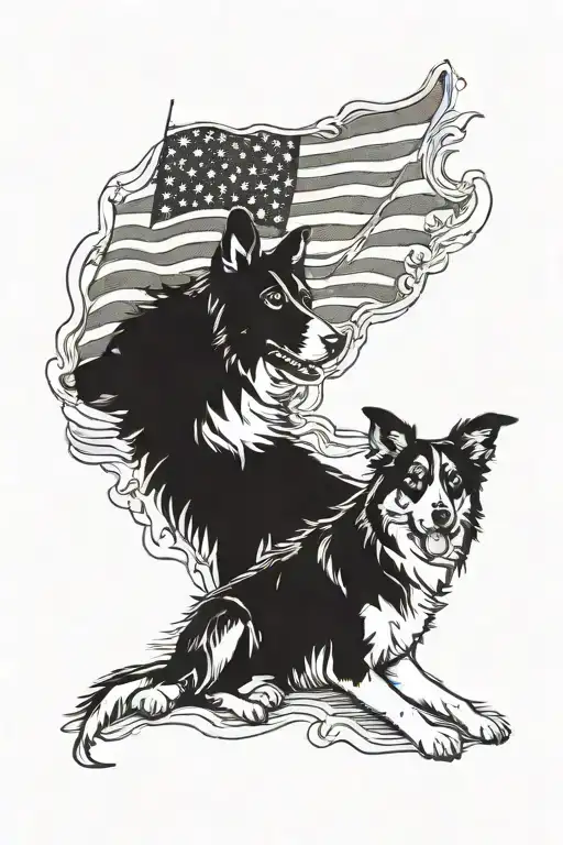 border collie and German shepherd American flag tattoo design idea