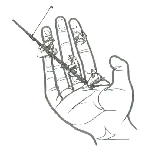 a mitten with 3 tiny men sitting on it who are fishing and the fishing line extends down tattoo design idea
