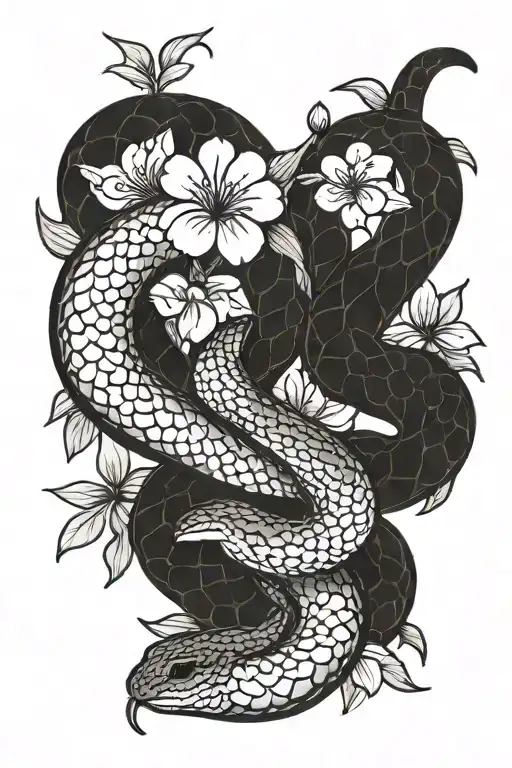 snake and sakura flower tattoo design idea