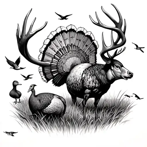 12 point buck, one turkey, five ducks flying all in a grassland tattoo design idea