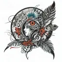 trident transition into peacock feather with feather eye at center  tattoo design idea