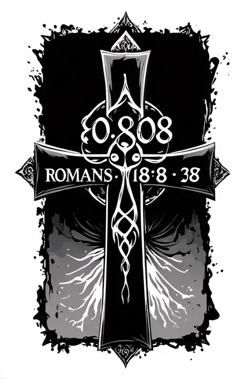 "8:08 ROMANS 8:18 8:28 8:37" Christian Cross text only tattoo design idea