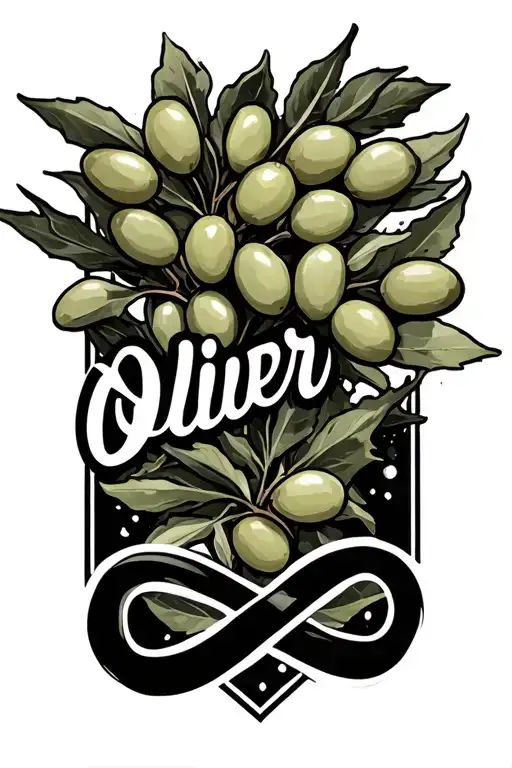 "Oliver" olive branch and infinity symbol with name written tattoo design idea