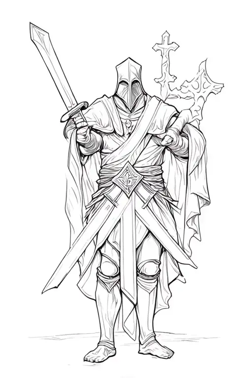 crusader holding sword and big cros tattoo design idea