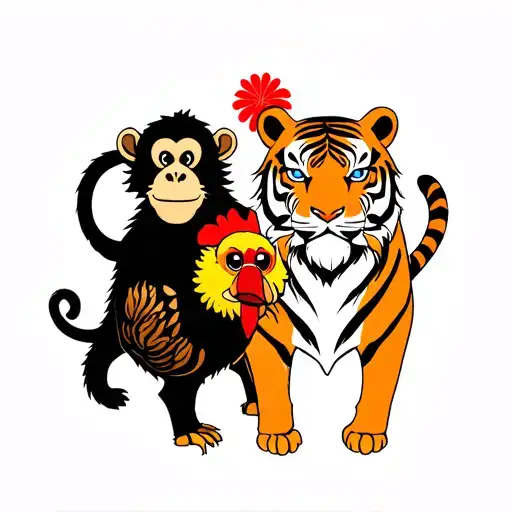 monkey and tiger and chicken in a Asian background tattoo design idea