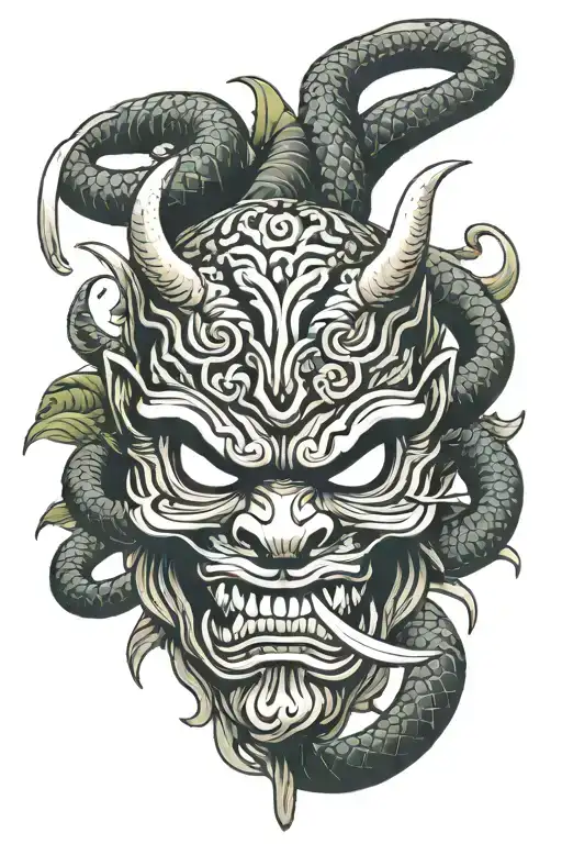 sword oni mask with snake tattoo design idea