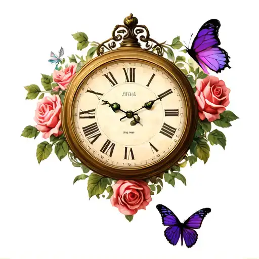 grand father clock that has the time 4:18 depicted with roses and Tuplips and one purple butterfly  tattoo design idea