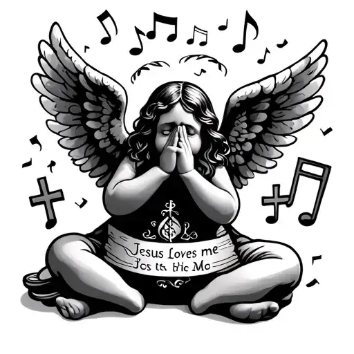 baby angel, a set of praying hands, music notes and a saying Jesus loves me money bag and crosses tattoo design idea