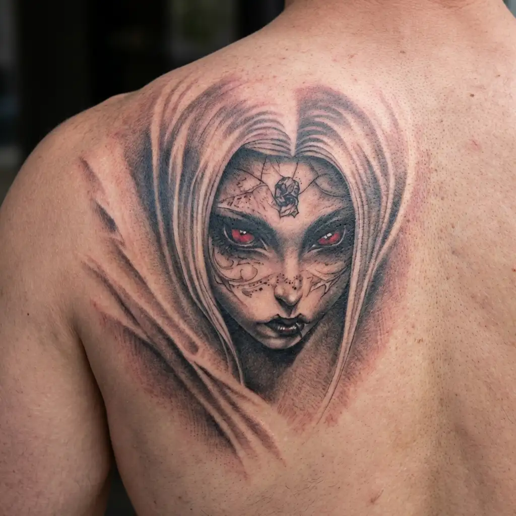 Vampire girl, rose, artistically, mysterious vampire girl tattoo design idea