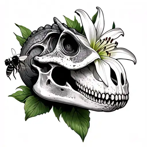 dinosaur skull with lily flower with a bee on a petal tattoo design idea