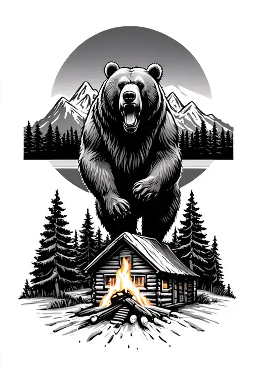grizzly bear roaring with the top having redwood trees and mountains also a campfire and a log cabin tattoo design idea