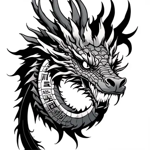 Japanese dragon head with hieroglyphs, gothic background extending to the hand and fingers. Graphic style tattoo tattoo design idea