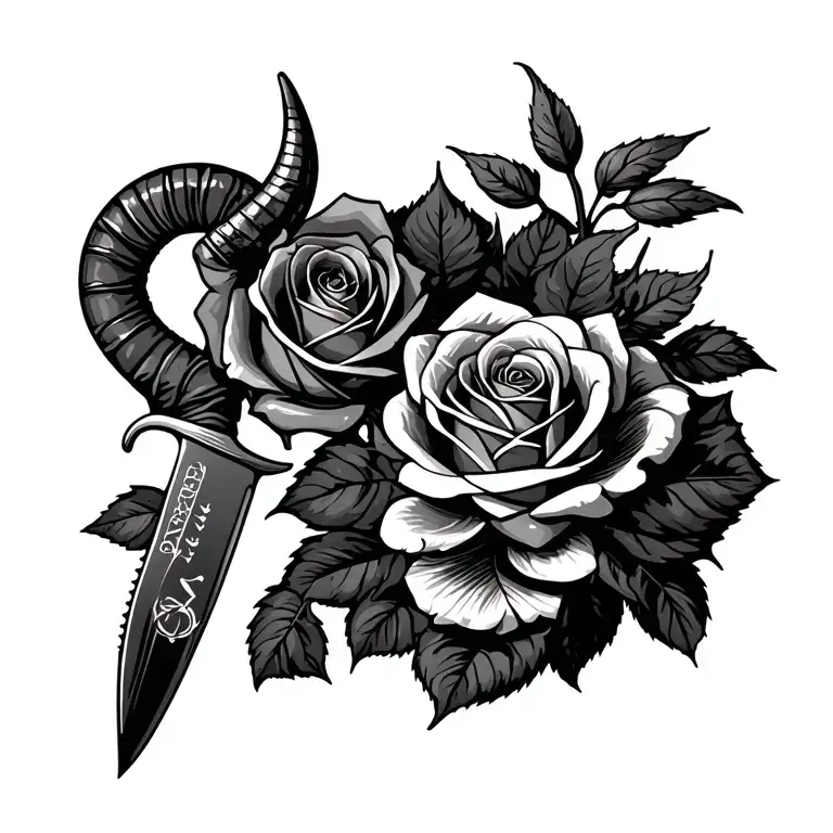 roses with Gemini zodiac sign and Capricorn symbol and a chef knife  tattoo design idea