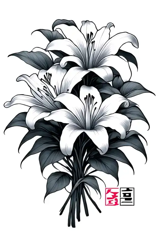 Korean character for Love and the lily flower bouquet tattoo design idea
