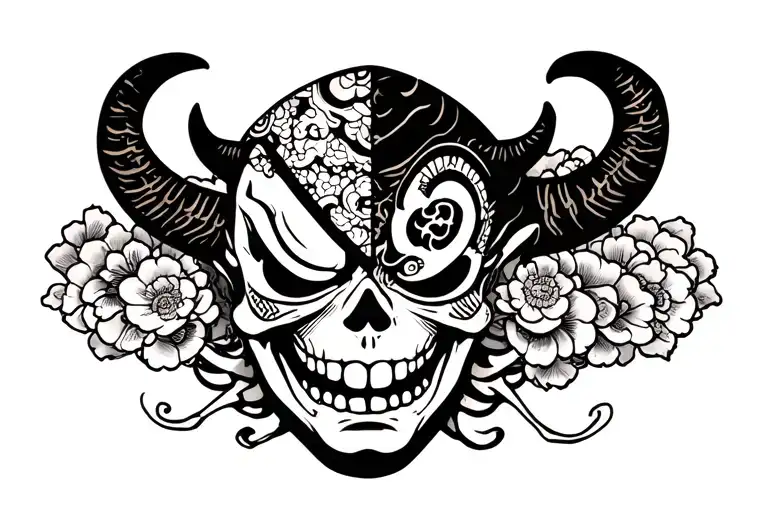 I want a tattoo of a skeleton modeled after a devil, with a Japanese mask on the devil's face, a Japanese mask on half o tattoo design idea