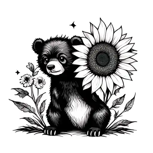 cute bear cub and sunflower tattoo design idea