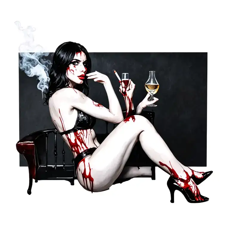 sexy bloody woman sitting alcohol smokes cigarette tattoo design idea
