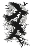 dead posion tree with ravens flying towards the sun tattoo design idea