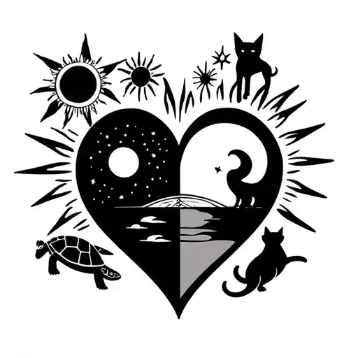 a heart with 4 sections a sun, moon, sunset, and sunrise. also on the side being a dog with a halo, a cat, 2 turtles tattoo design idea