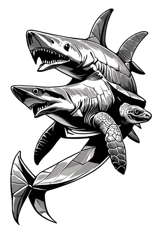 shark and turtle on origami, japanese style tattoo design idea