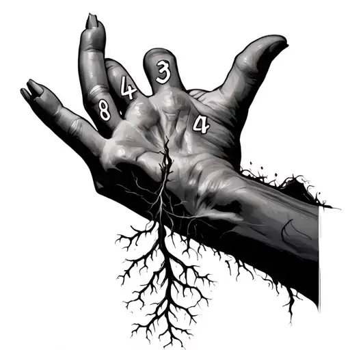 roots in the hand that go down to the fingers, when the roots reach the fingers they transform into the numbers 0,3,4 an tattoo design idea
