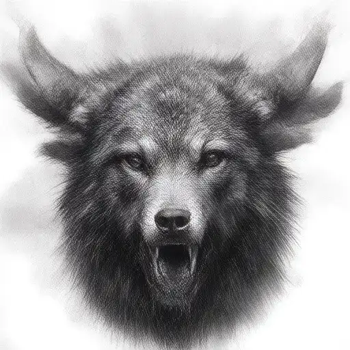 scary taurus with lone wolf looking forward tattoo design idea