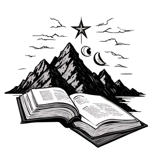 an open book at the base of a mountain with 8 pointed star and moon tattoo design idea