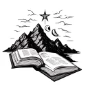 an open book at the base of a mountain with 8 pointed star and moon tattoo design idea