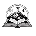 an open book at the base of a mountain with 8 pointed star and moon tattoo design idea