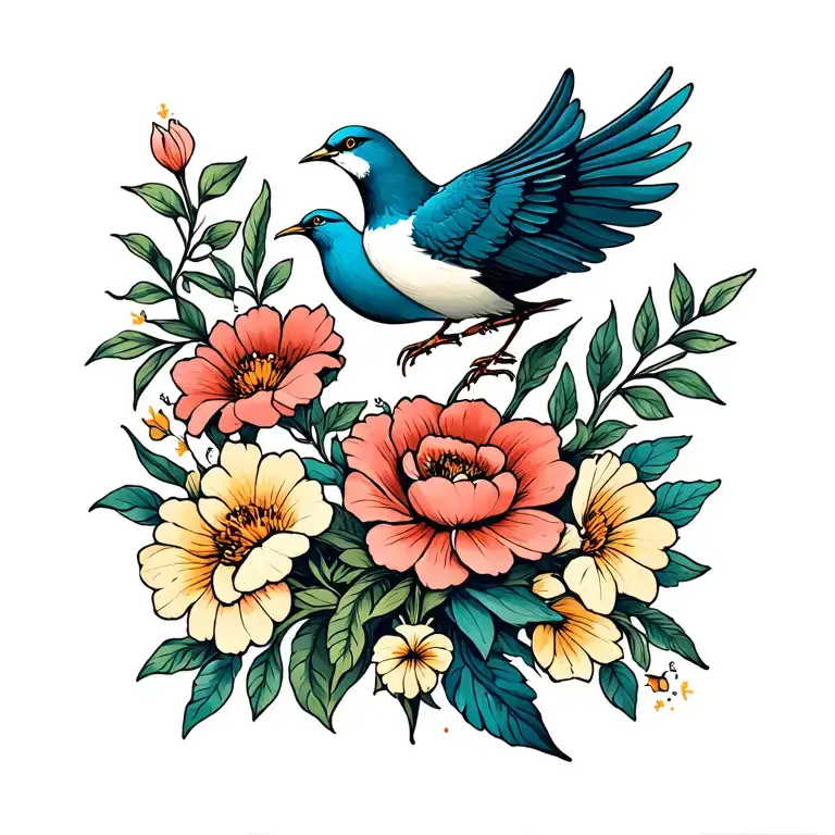4 Stoic Virtues simbol inside a flowers and bird , coloration  tattoo design idea