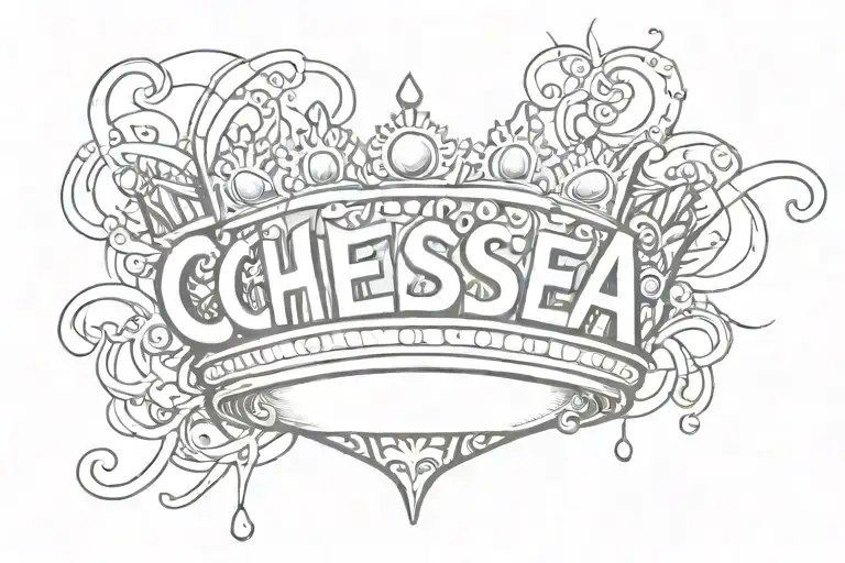 a crown in the background of the word  Chelsea in graffiti font style tattoo design idea