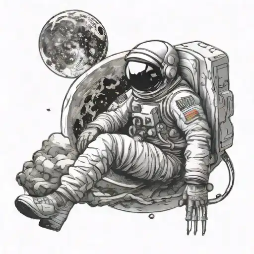 An astronaut sits on the moon near a fire, side view, with the earth in the background, the large moon occupies the ent tattoo design idea