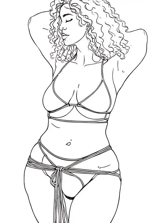 mixed race plus size woman with curly hair, bound hanging in shibari from the side view wearing underwear tattoo design idea