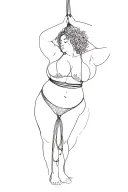 mixed race plus size woman with curly hair, bound hanging in shibari from the side view wearing underwear tattoo design idea