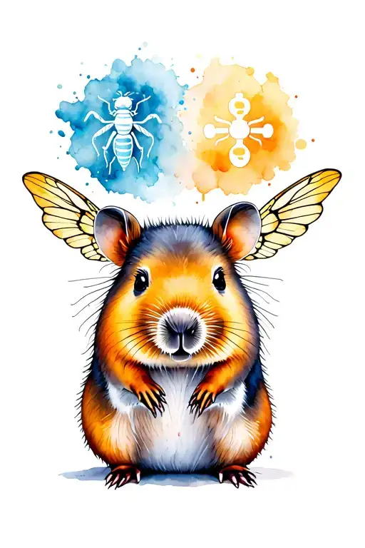 a wombat surrounded by dopamine and serotonin symbols and insect wings tattoo design idea