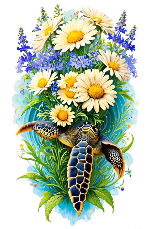 sea turtle with daisies larkspur and chrysanthemum on the shell tattoo design idea
